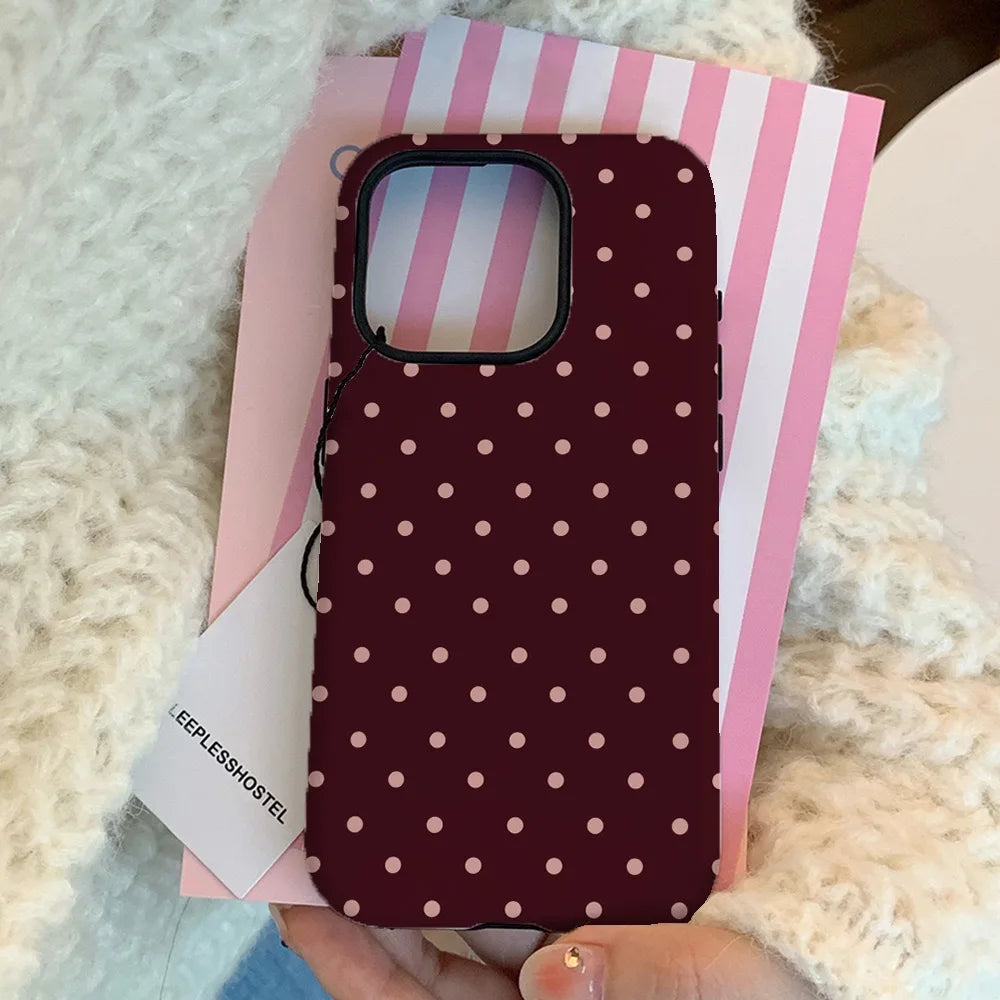 Ins Brown Red Polka Dots Phone Case for IPHONE 16 15PRO MAX 14 PLUS 13 12 MINI 11 Acrylic TPU Two in One Magnetic Phone Cases