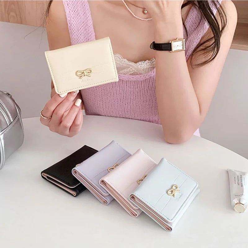 Fashion Wallets Girls Cute Bow Small Wallet Aesthetic Card Holder Classic Three Fold Purse For Women Student Simple Coin Pouch