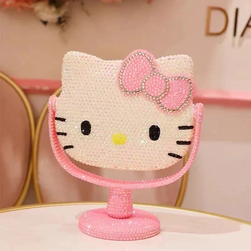 Hello Kitty Vanity Mirror Cartoon Shiny Rhinestones Beauty Handheld Mirror Diamond Pink Girls Flip Girlfriend Birthday Gift Toy