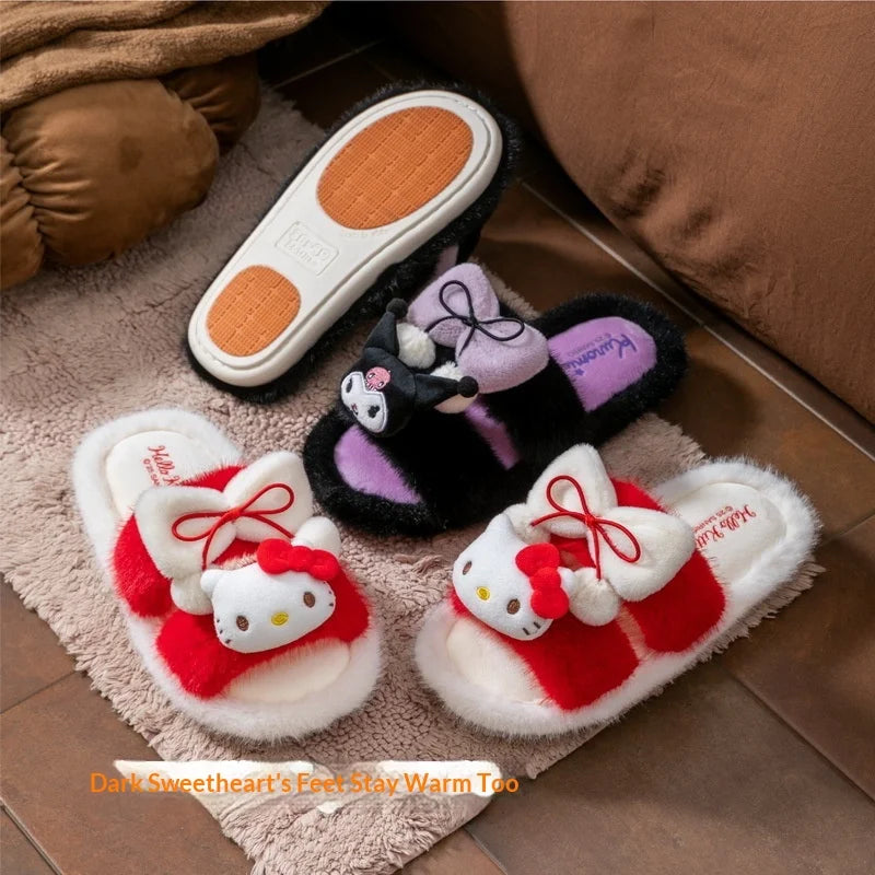 Hello Kitty Slippers Cartoon Plush Autumn Fashion Flat Shoes For Girls Warm Anti-slip Home Slipper Gift