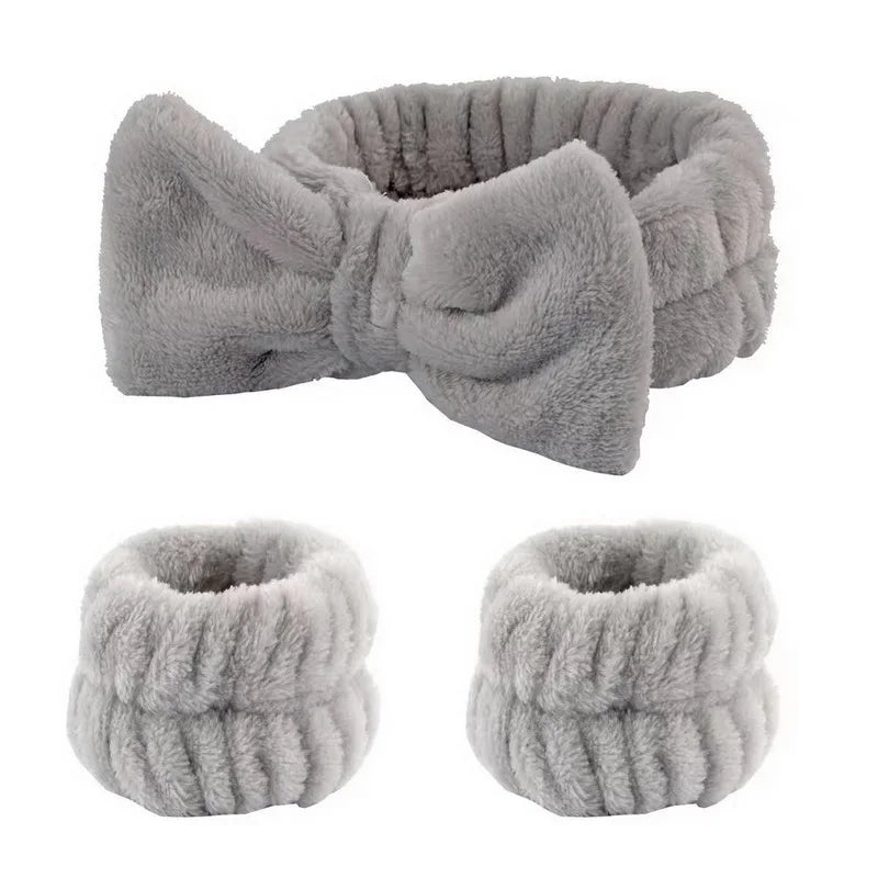 1set Women Wrist Towels For Washing Face Soft Bow Headband Girls Wrist Wash Band Pink Face Wash Wristband Spa skincare Hairbands