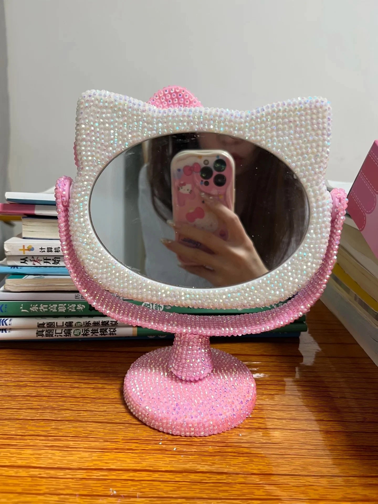 Hello Kitty Vanity Mirror Cartoon Shiny Rhinestones Beauty Handheld Mirror Diamond Pink Girls Flip Girlfriend Birthday Gift Toy