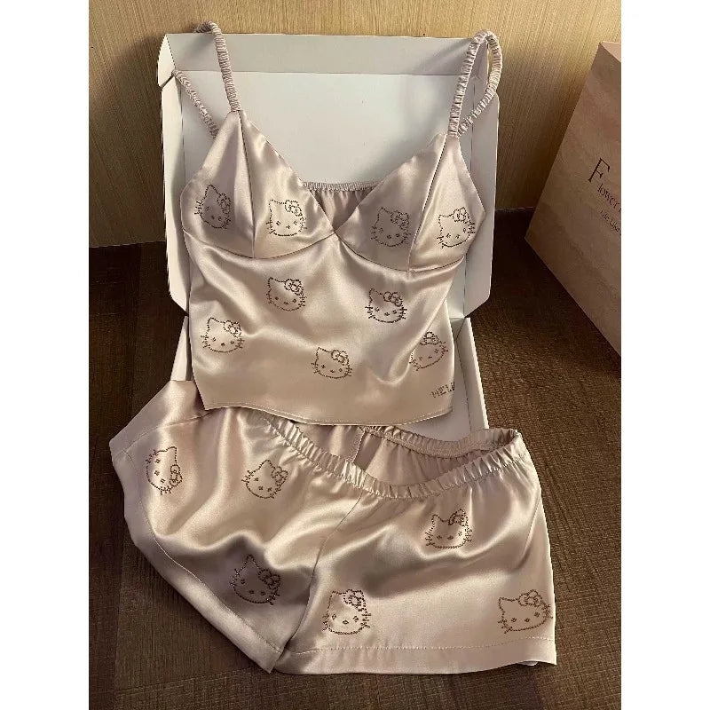 Cute Cartoon Hello Kitty Fashionable Casual with Chest Cushion Ice Silk Pajamas Summer Women's Sweet Camisole Shorts Home Wear