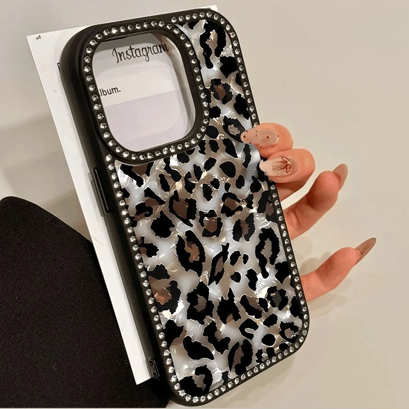 Marble Leopard Double Sided Diamond Set 3-in-1 Case for iPhone 17 to 11 Promax Plus Unisex with Diamond Trim