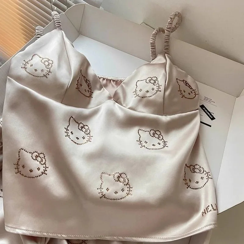 Cute Cartoon Hello Kitty Fashionable Casual with Chest Cushion Ice Silk Pajamas Summer Women's Sweet Camisole Shorts Home Wear