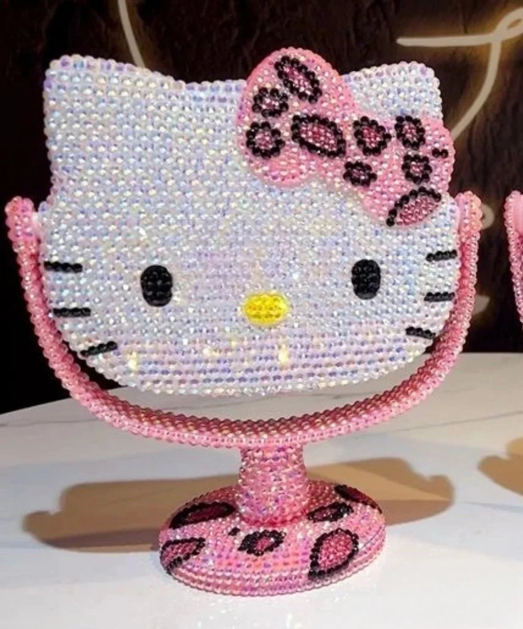 Hello Kitty Vanity Mirror Cartoon Shiny Rhinestones Beauty Handheld Mirror Diamond Pink Girls Flip Girlfriend Birthday Gift Toy