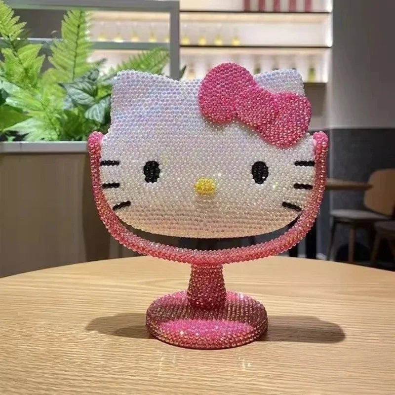 Hello Kitty Vanity Mirror Cartoon Shiny Rhinestones Beauty Handheld Mirror Diamond Pink Girls Flip Girlfriend Birthday Gift Toy
