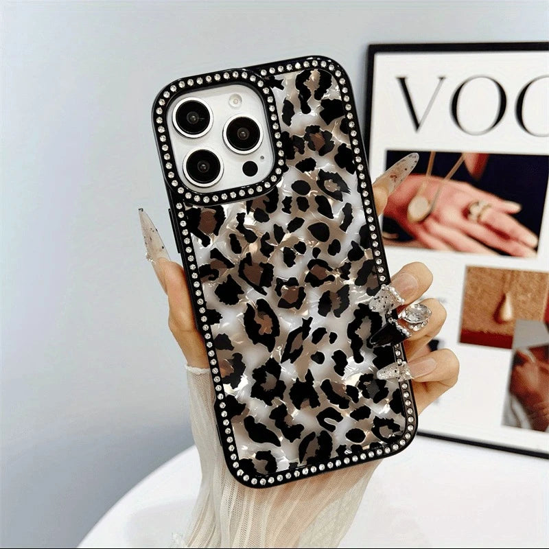 Marble Leopard Double Sided Diamond Set 3-in-1 Case for iPhone 17 to 11 Promax Plus Unisex with Diamond Trim