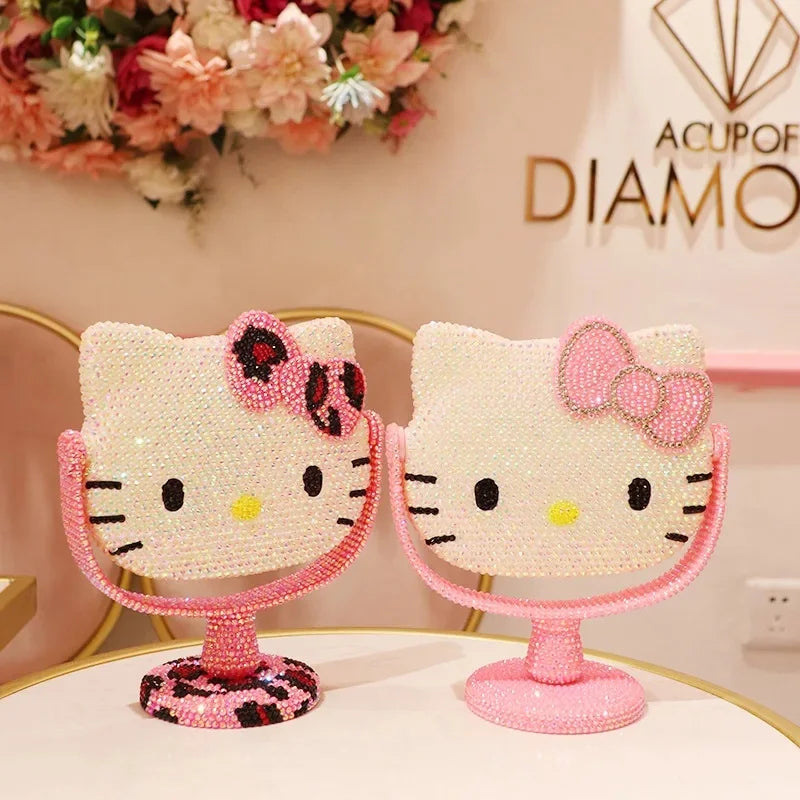 Hello Kitty Vanity Mirror Cartoon Shiny Rhinestones Beauty Handheld Mirror Diamond Pink Girls Flip Girlfriend Birthday Gift Toy