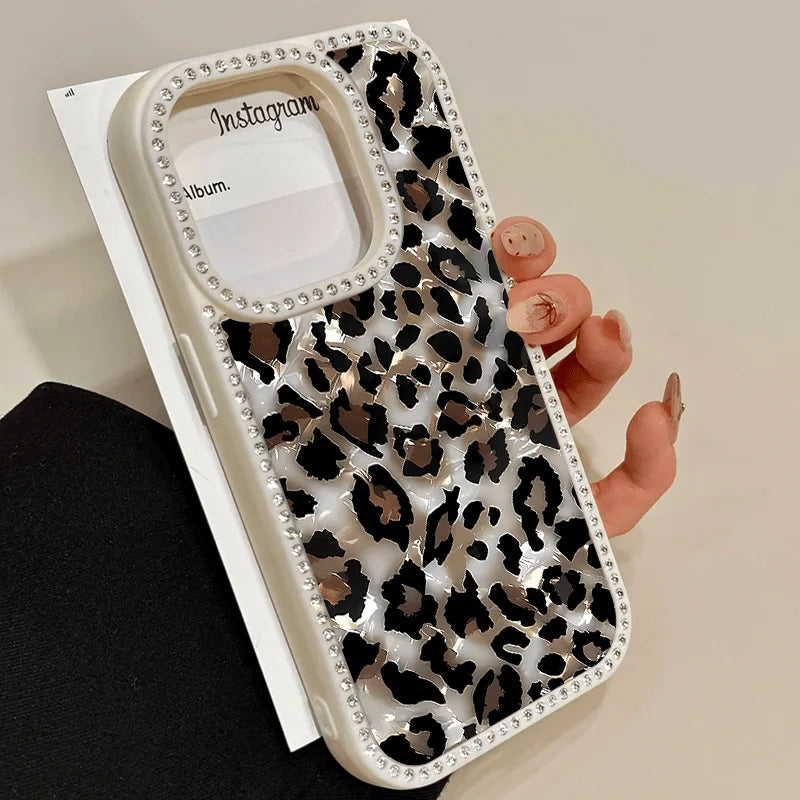 Marble Leopard Double Sided Diamond Set 3-in-1 Case for iPhone 17 to 11 Promax Plus Unisex with Diamond Trim