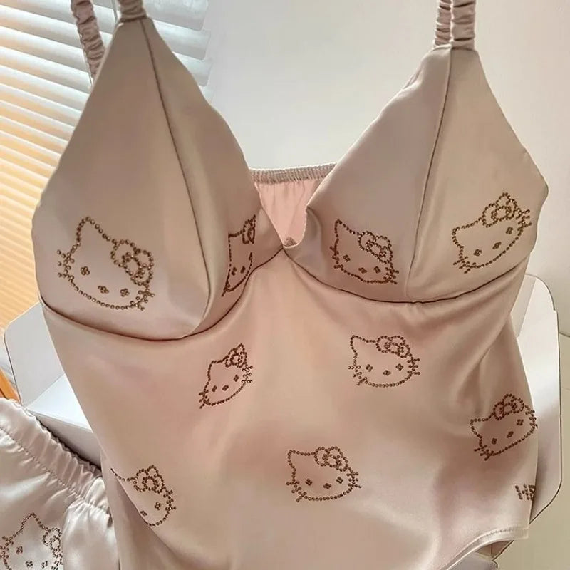 Cute Cartoon Hello Kitty Fashionable Casual with Chest Cushion Ice Silk Pajamas Summer Women's Sweet Camisole Shorts Home Wear