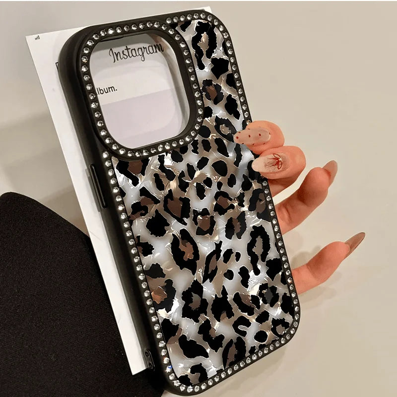 Marble Leopard Double Sided Diamond Set 3-in-1 Case for iPhone 17 to 11 Promax Plus Unisex with Diamond Trim