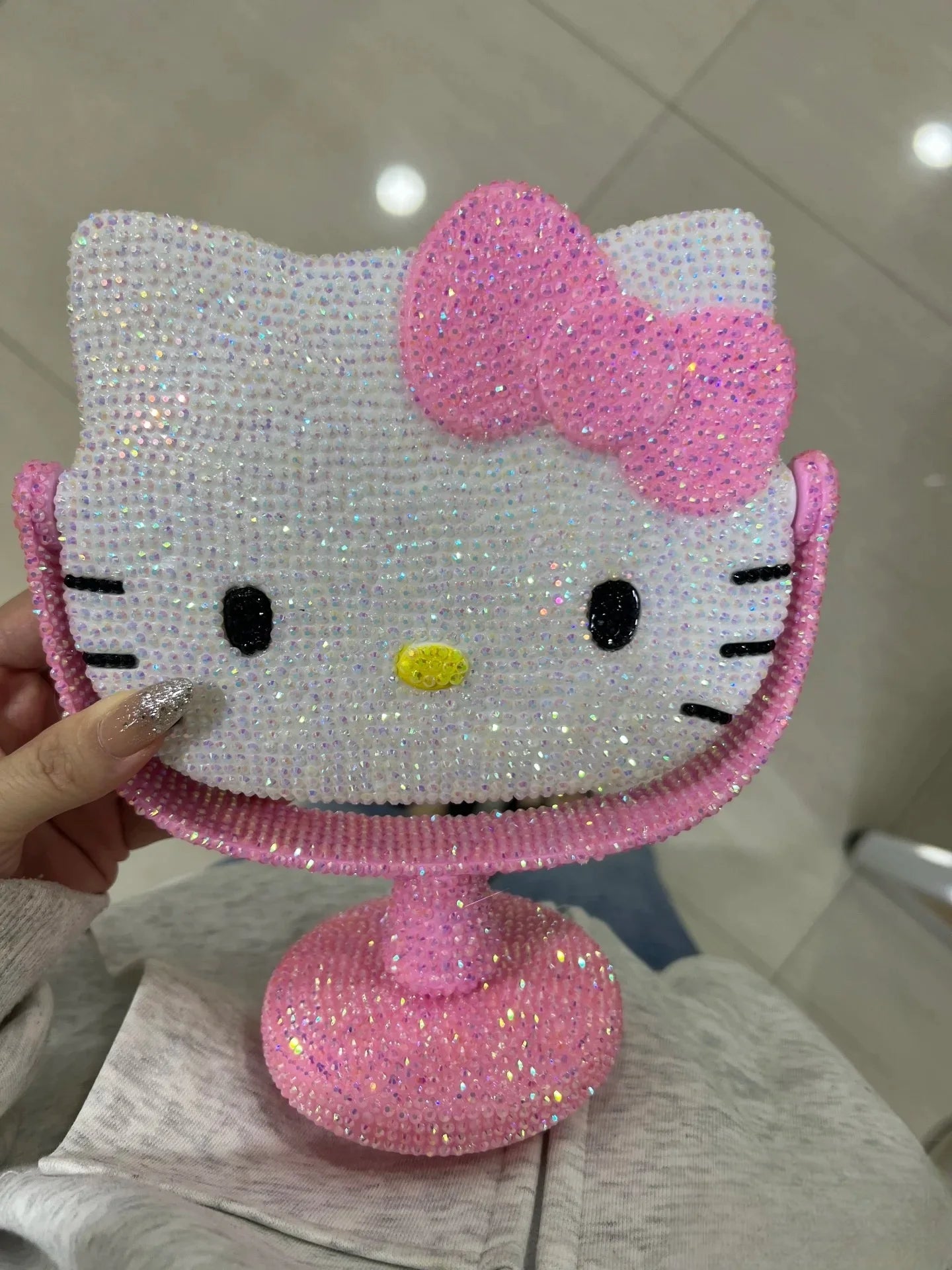 Hello Kitty Vanity Mirror Cartoon Shiny Rhinestones Beauty Handheld Mirror Diamond Pink Girls Flip Girlfriend Birthday Gift Toy