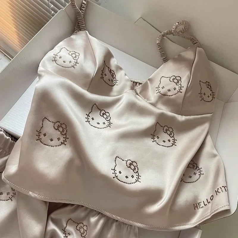 Cute Cartoon Hello Kitty Fashionable Casual with Chest Cushion Ice Silk Pajamas Summer Women's Sweet Camisole Shorts Home Wear
