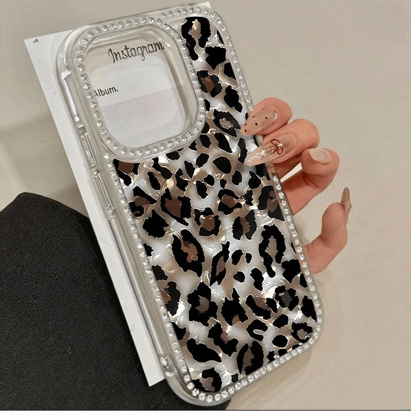 Marble Leopard Double Sided Diamond Set 3-in-1 Case for iPhone 17 to 11 Promax Plus Unisex with Diamond Trim