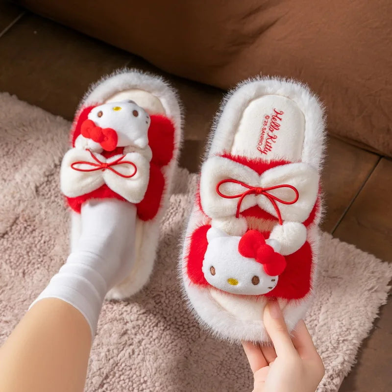 Hello Kitty Slippers Cartoon Plush Autumn Fashion Flat Shoes For Girls Warm Anti-slip Home Slipper Gift
