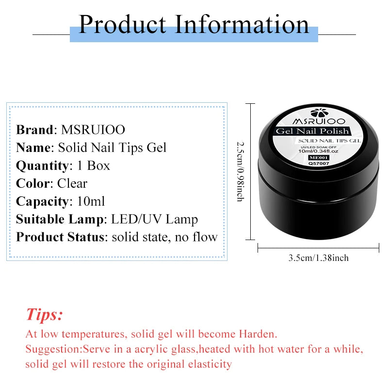 MSRUIOO 10ml Clear Solid Nail Tips Gel Long Lasting Bubble-free UV/LED Building Gel for Nails Home Salon Manicure DIY Design