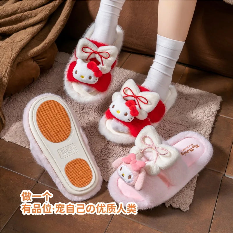 Hello Kitty Slippers Cartoon Plush Autumn Fashion Flat Shoes For Girls Warm Anti-slip Home Slipper Gift