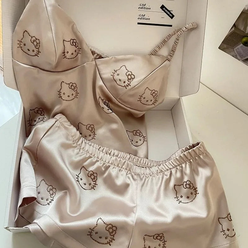 Cute Cartoon Hello Kitty Fashionable Casual with Chest Cushion Ice Silk Pajamas Summer Women's Sweet Camisole Shorts Home Wear