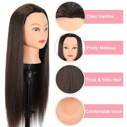24 Inch Mannequin Head, Cosmetology Manikin Practice Doll Head With Synthetic Hair, Braiding Hairdressing Head For Hair Styling