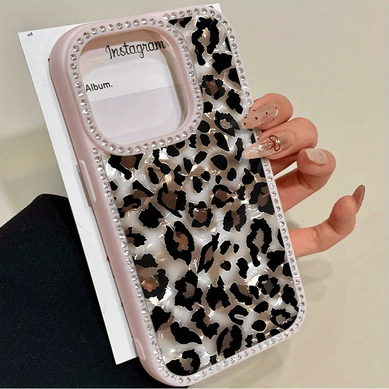 Marble Leopard Double Sided Diamond Set 3-in-1 Case for iPhone 17 to 11 Promax Plus Unisex with Diamond Trim