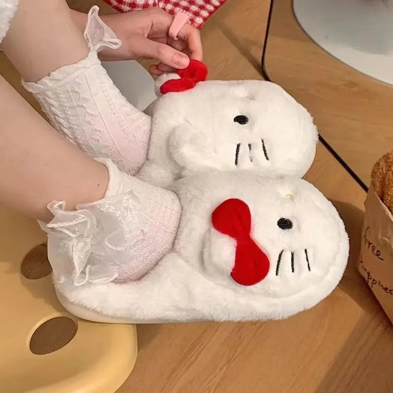 Anime Hello Kitty Warm Cotton Slippers Autumn/Winter Thick Anti Slip Cartoon Slippers Comfortable House Slippers Surprise Gifts