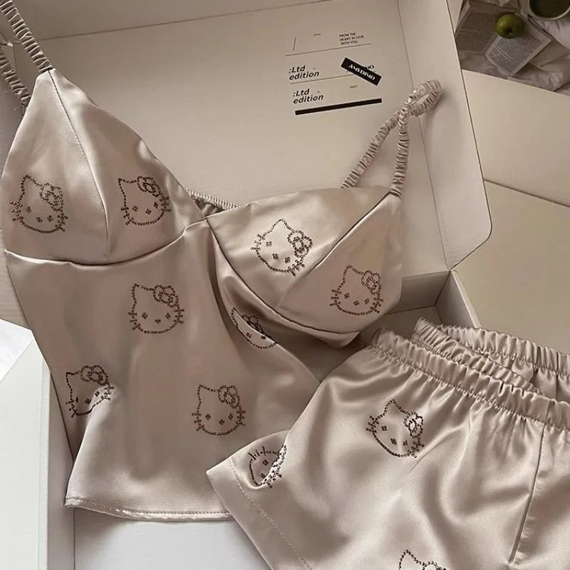 Cute Cartoon Hello Kitty Fashionable Casual with Chest Cushion Ice Silk Pajamas Summer Women's Sweet Camisole Shorts Home Wear