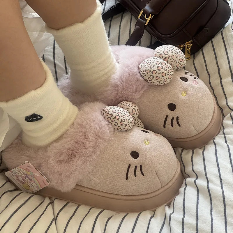 Hello Kitty Cartoon Cute Cotton Slippers Women Autumn Winter Anti Slip Wear-Resistant Warm Plush Eva Slippers Outdoor Home Gift